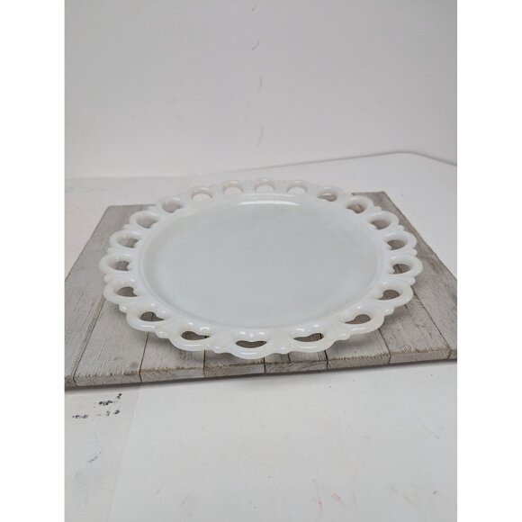 Vintage Anchor Hocking White Milk Glass Open Heart Lace Cake Plate Platter 13" - Picture 1 of 5